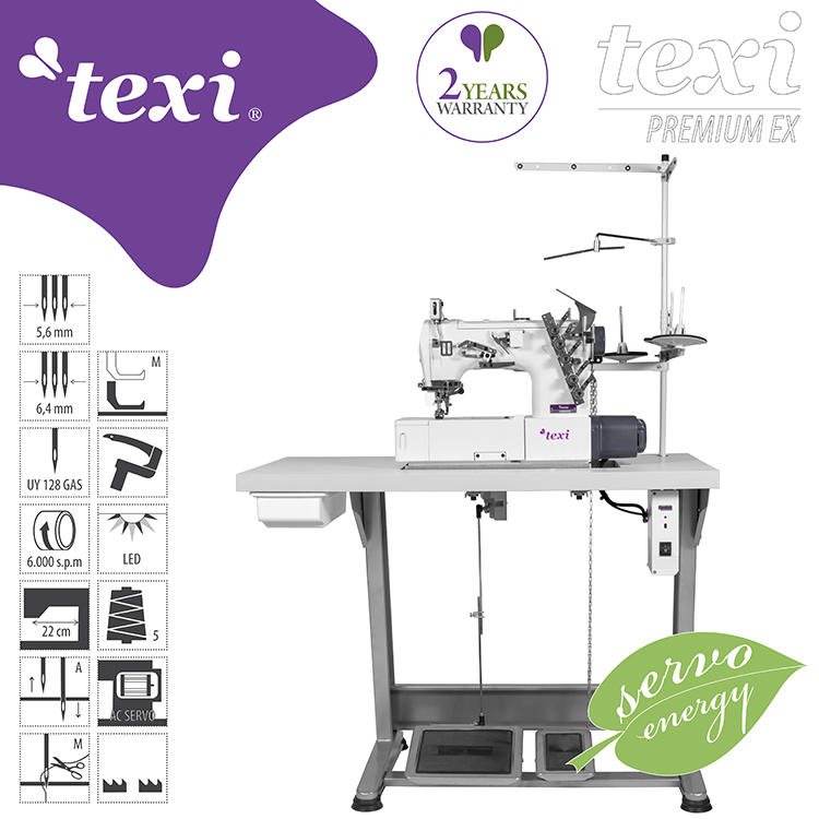 TEXI TRECCIA PREMIUM EX - 3-Nadel Interlockmaschine (Überdecknaht) mit eingebautem, energiesparendem AC Servo Motor - komplette Nähmaschine mit zweijähriger Garantie - 1 3-Nadel Interlockmaschine (Überdecknaht) mit eingebautem, energiesparendem AC Servo Motor - komplette Nähmaschine mit zweijähriger Garantie