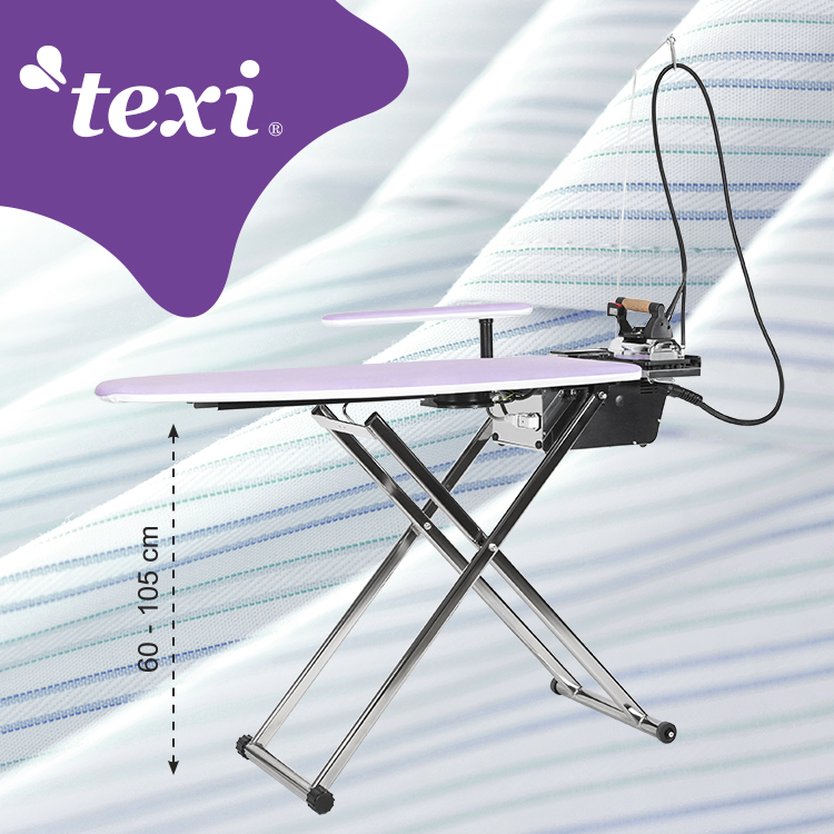Ironing table with automatic steam generator, iron, steam brush and anti-shine PTFE shoe