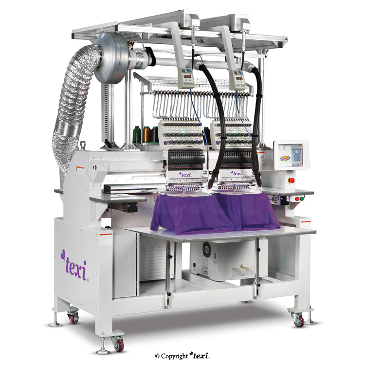TEXI 1502 TS PREMIUM LC SET is a 15-needle, two-head embroidery machine with laser instrumentation for cutting patterns.