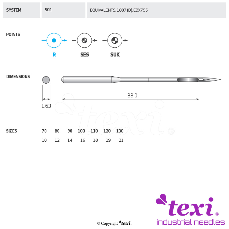 TEXI 501 (SC) 100 - TEXI Industrienadeln, 1 Box = 100 Nadeln - 1 TEXI Industrienadeln, 1 Box = 100 Nadeln